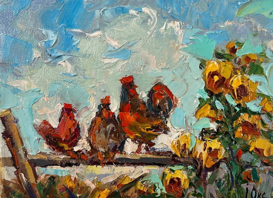 Image 1 of Peinture à l'huile originale, paysage animalier d'été, chant du coq au petit matin