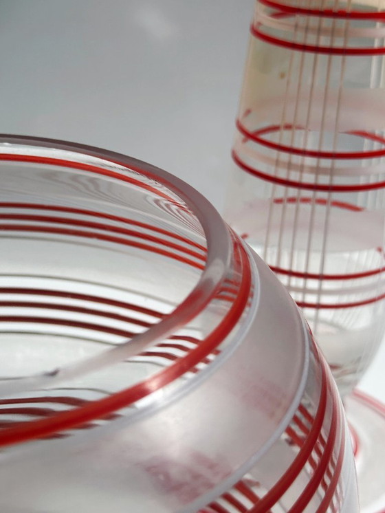 Image 1 of Vintage Bauhaus vase set glass stripes decor 20s 30s Art Deco vase hand-painted red orange white Lausitzer Loetz 1920s / 1930s