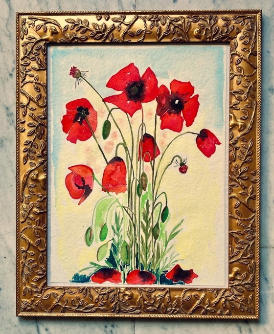 Image 1 of Watercolor of poppies – original work, framed