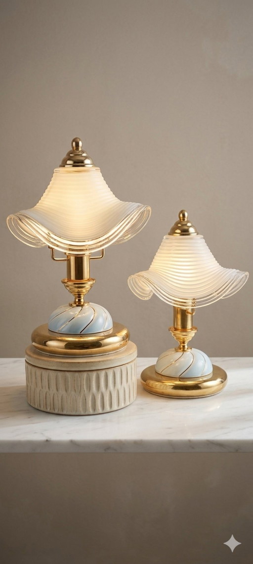 Vintage Hollywood Regency Table Lamps, Set of 2, Wavy Ribbed Opaline Glass, White and Gold Retro Bedside Lighting