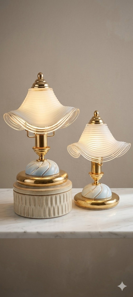 Image 1 of Vintage Hollywood Regency Table Lamps, Set of 2, Wavy Ribbed Opaline Glass, White and Gold Retro Bedside Lighting
