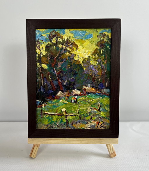 Original Oil Painting Evening Village Landscape Village near the forest