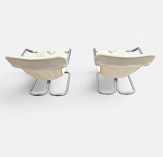 2 x Silla cantilever tubular cromada con asiento de lona color crema – Sillas auxiliares, Chrome, Canvas (photo 7 of 10)