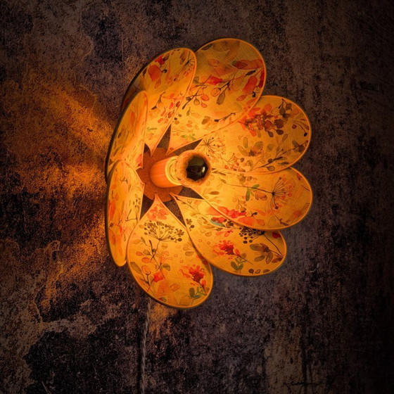 Image 1 of Flower wall lamp, Nymphéa model, 8 petals in rattan and fabric (customizable shade)