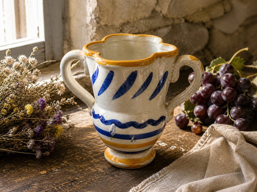Antieke 19e-eeuwse Italiaanse majolica kan – rustieke volkskunst