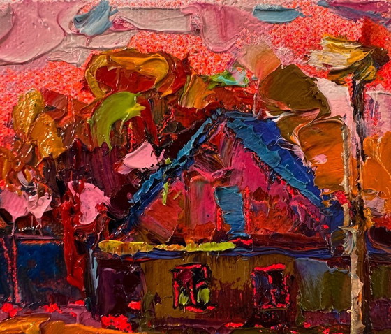 Original-Ölgemälde Ländliche Sonnenuntergangslandschaft Rosa Dorf Abend – Gemälde & Zeichnungen, Canvas (photo 4 of 8)