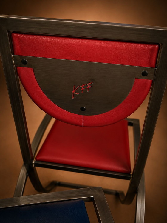 Originele KFF designstoelen – vintage jaren 80 – gekleurde set – Eetkamerstoelen, Leather, Metal (photo 7 of 8)