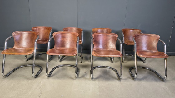 Image 1 of Vintage eetkamerstoelen van leer en chroom van Willy Rizzo, jaren 70 - set van 8