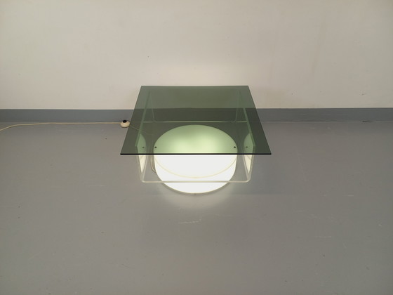 Image 1 of Square illuminated vintage Italian coffee table in glass and Plexiglas in the Space Age style of the '70s