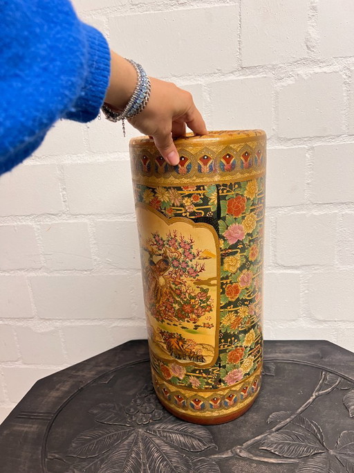 Vintage Satsuma large floor vase umbrella stand Japanese chinoiserie ceramic vase