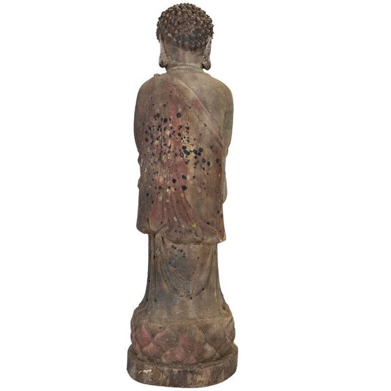 Statue de Bouddha chinoise en bois avec polychromie originale et restes de dorure. – Sculptures, Wood (photo 5 of 17)