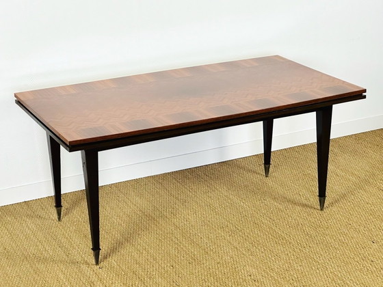 Image 1 of Table à manger art déco en marqueterie à chevrons vernie avec rallonges, 1940
