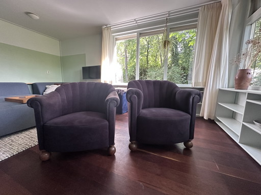 2x Schelpvormige Fauteuils in Zwart Velours – Velvet, Wood