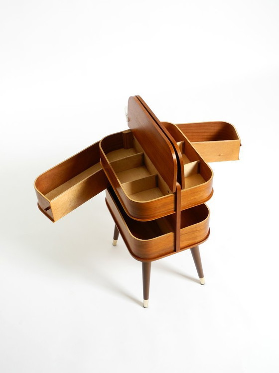 Image 1 of Beautiful original Mid Century sewing box with teak veneer and many compartments