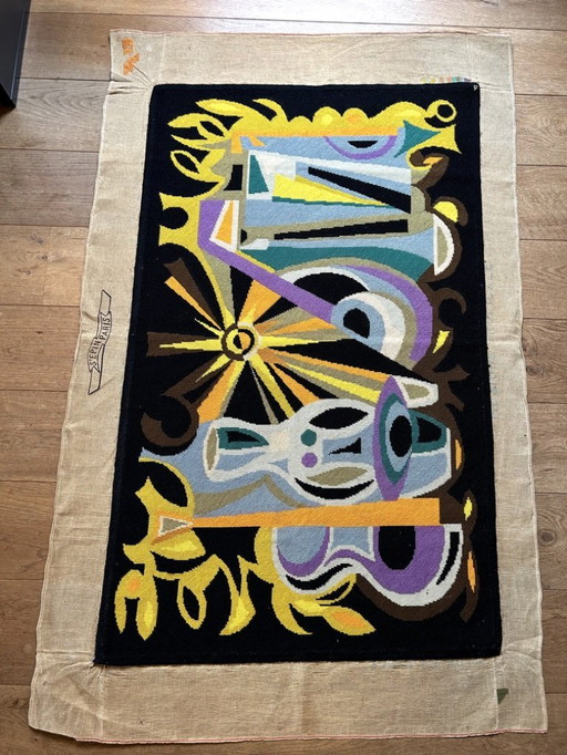 Mid - Century French cubist art carpet needle loom