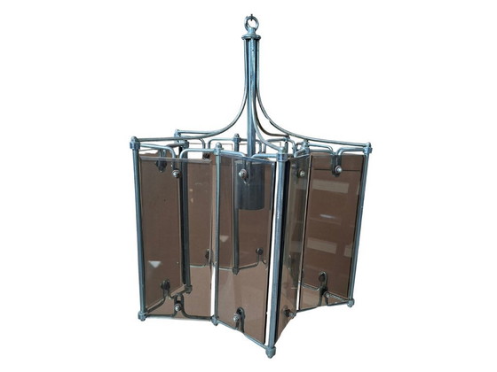 Image 1 of Gorgeous 1980s Vintage Chandelier – Leaf Design in Metal and Brown Glass