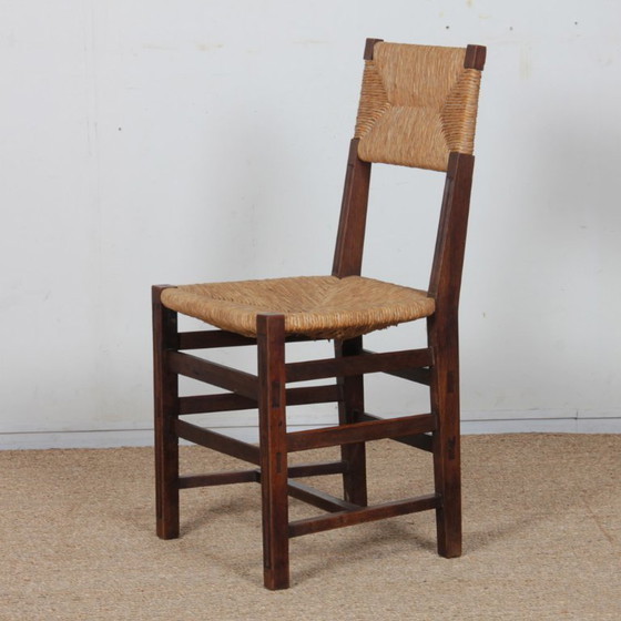 Image 1 of Set of 6 oak straw-seated chairs, French work, 1950