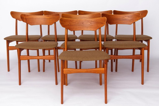 Set of 8 Schiønning & Elgaard Chairs – 1960s Danish Design for HS Møbler, Teak Dining Chairs, Green Upholstery, Restored