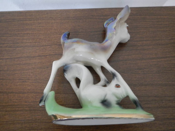 Image 1 of Small hand painted ceramic statue with deer and rabbit, Germany, 50s