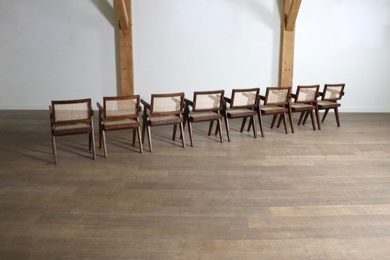 Image 1 of Ensemble de 8 chaises de bureau en rotin Pierre Jeanneret, Inde, années 1950