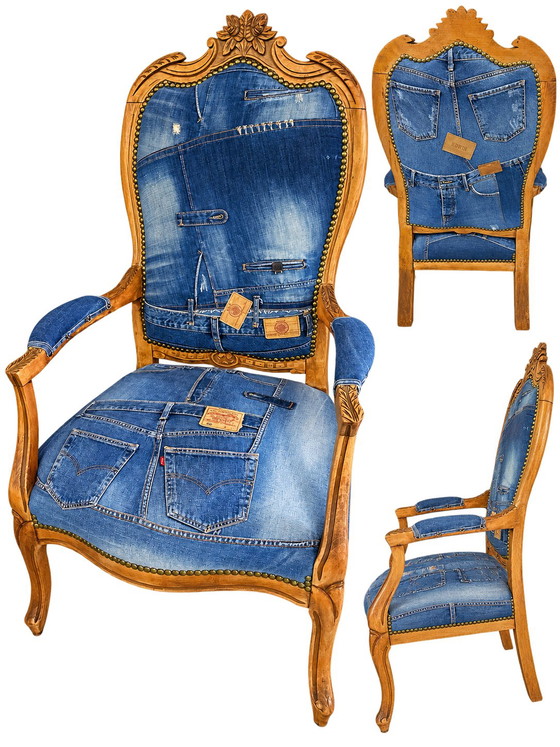 Poltrona Vintage Unica in Denim – Stile Luigi XV Restaurato – Poltrone, Wood, Textile (photo 2 of 12)