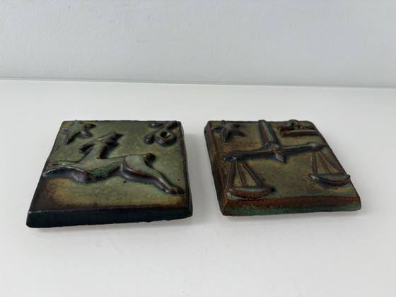 Image 1 of Two vintage 1960s/early 70s wall tiles with zodiac signs