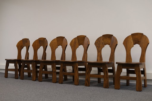 Set di 8 sedie da pranzo brutaliste in legno, anni '70