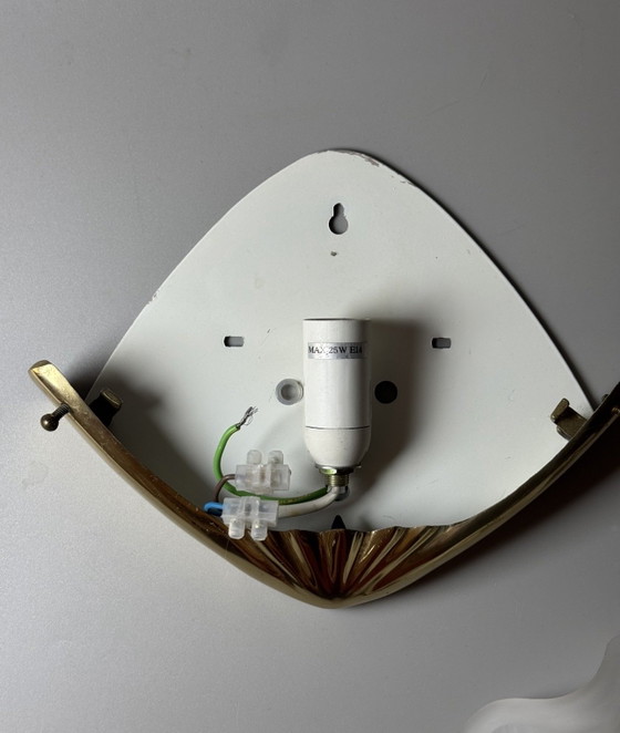 Image 1 of Pair of Vintage Frosted Glass Shell Wall Sconces – Brass Mounts – Art Deco Revival, ca. 1970s–1980s