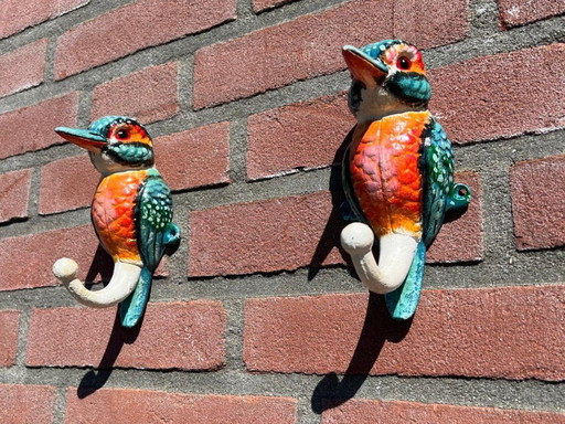Set of 2 cast iron kingfisher bird sculptures that also serve as sturdy wall hooks - Free Shipping