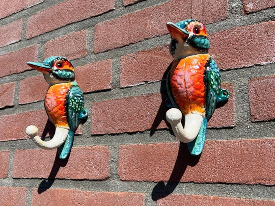 Image 1 of Set of 2 cast iron kingfisher bird sculptures that also serve as sturdy wall hooks - Free Shipping