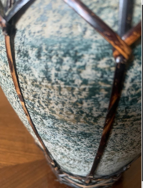 Antique Japanese Stoneware and Braided Bamboo Vase - Wabi-Sabi / Mingei Style, Ceramic, Multi Color (photo 9 of 10)
