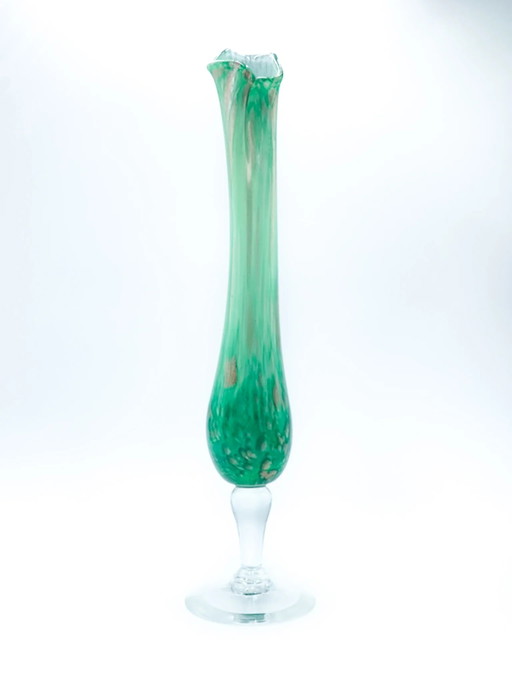 Vase Soliflore en Verre Vert et Doré Français des Années 1960