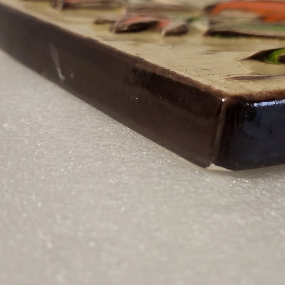 Image 1 of Cadre mural en céramique émaillée, fleurs et relief orange pop,BOITZENBURG, west germany, 1960-70 