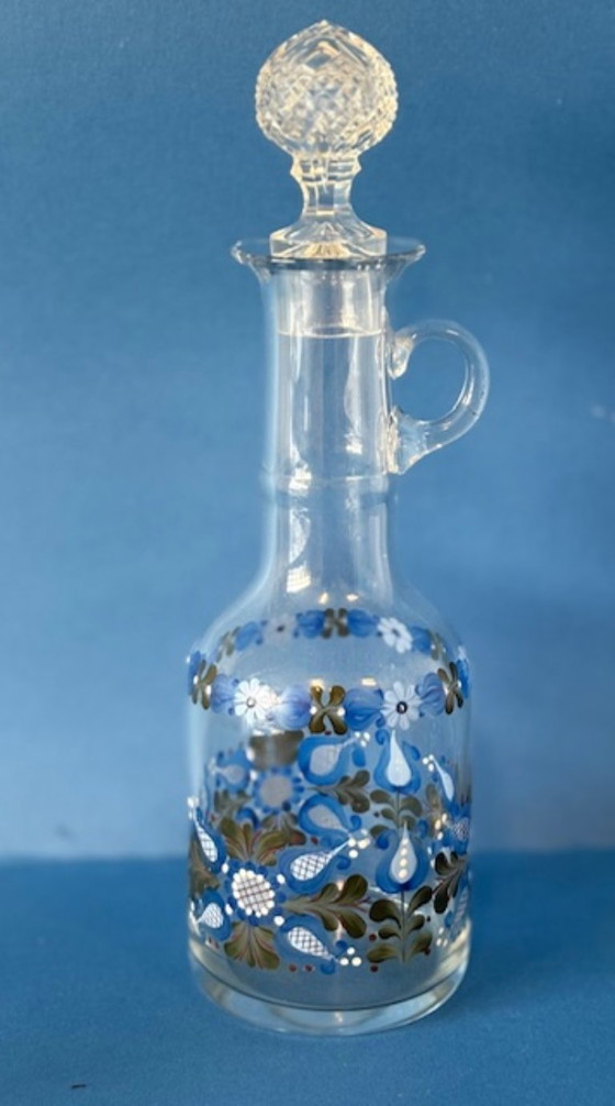 Image 1 of Unique hand-painted crystal carafe with 4 glasses, vintage