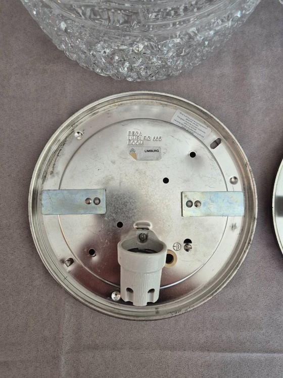 Image 1 of Pair of Glashütte Limburg 2791 Textured Ice Glass Flush Mount Ceiling / Wall Lights, Black Base, E27, Ø24.5 cm, Germany