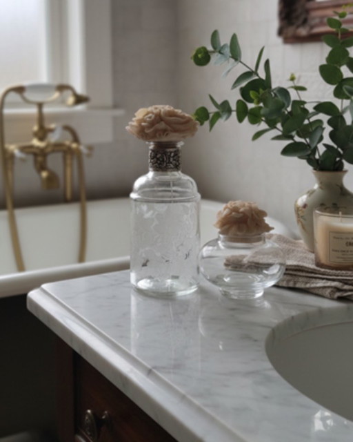 Set 2 Bottiglie da Bagno Vintage - Vetro Inciso e Tappi Floreali - Shabby Chic