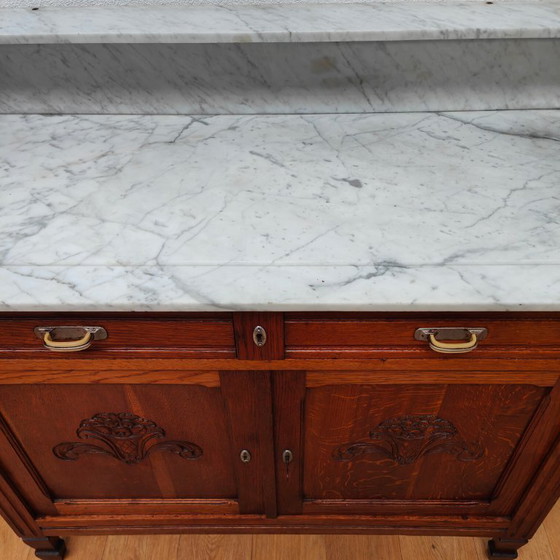 Image 1 of Vintage Antiek dressoir commode ladekast badkamermeubel met marmer blad