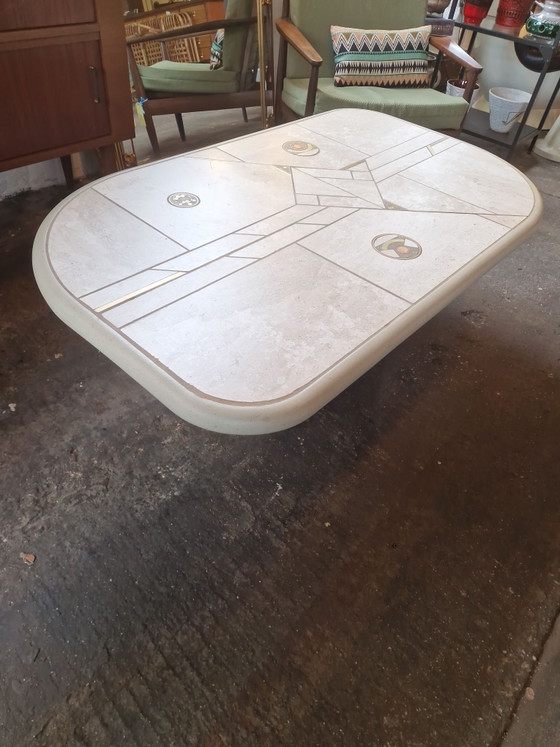Brutalist Paul Kingma-inspired Coffee Table 1970s, Stone, Brass, Beige (photo 2 of 6)