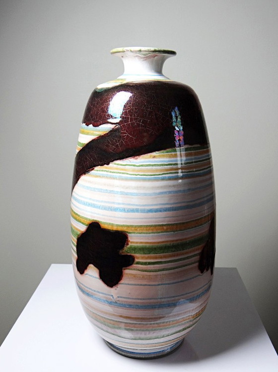 Large Vintage Handmade Ceramic Vase with Iridescent Luster 20th-21st Century – Artisanal (photo 7 of 13)