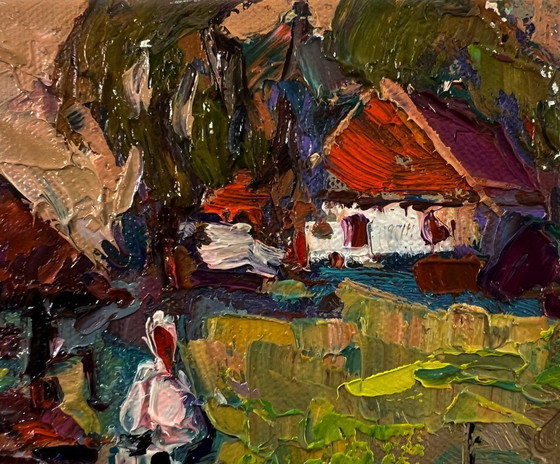 Original Oil Painting Rural Evening Landscape Village Everyday Life – Paintings & Drawings, Canvas (photo 4 of 8)