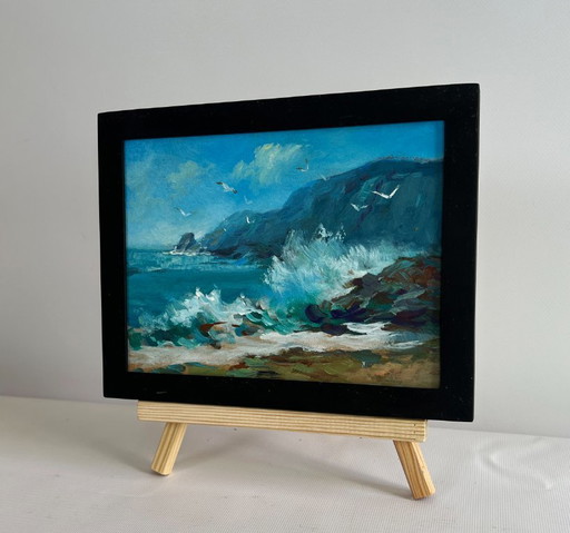 Origineel olieverfschilderij: Zee- en rotslandschap, zeegolven die tegen de rotsen slaan.