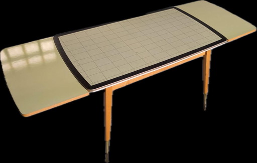 Mid-Century Crank Table / Dining Table – 1960s – Checkered Design & Brass Legs