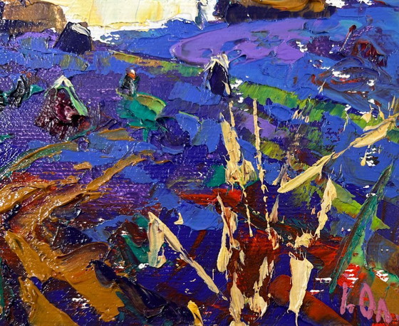 Image 1 of Original Oil Painting Summer Field Landscape Evening in the village
