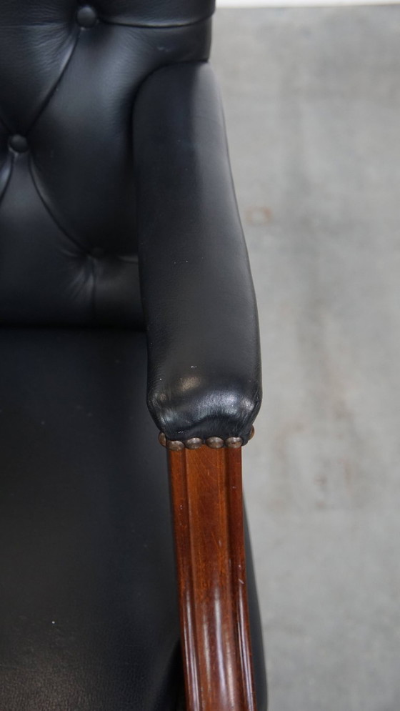 Image 1 of Dark blue/ black cowhide leather chesterfield office chair on wheels