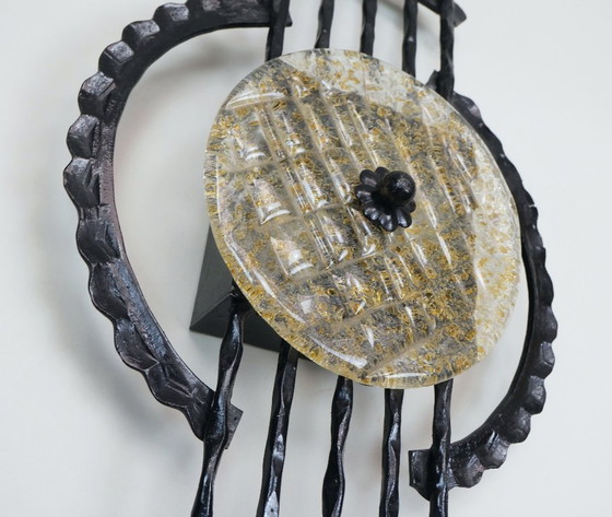 Image 1 of mid century brutalist style wrought iron and glass wall lamp sconce 1960s 1970s