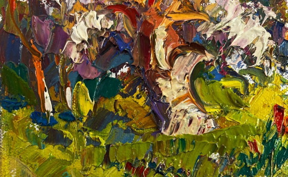 Image 1 of Original Oil Painting Spring Village Landscape Bright day bringing hope and warm