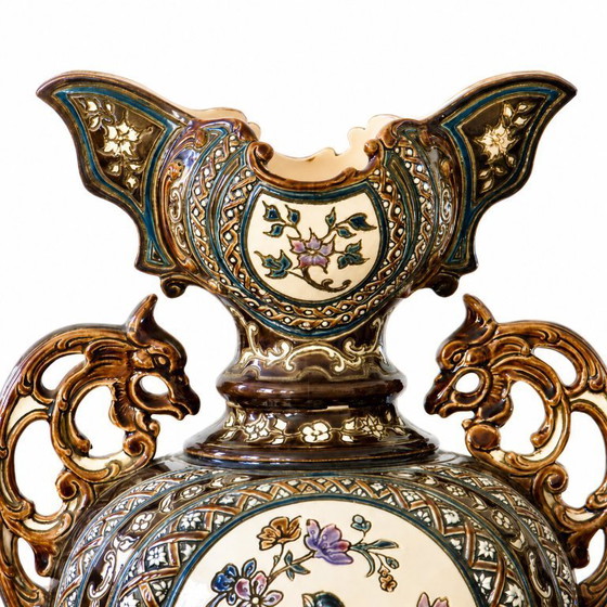 Image 1 of Pair of antique Austrian majolica vases from 1885, signed Gerbing & Stephan