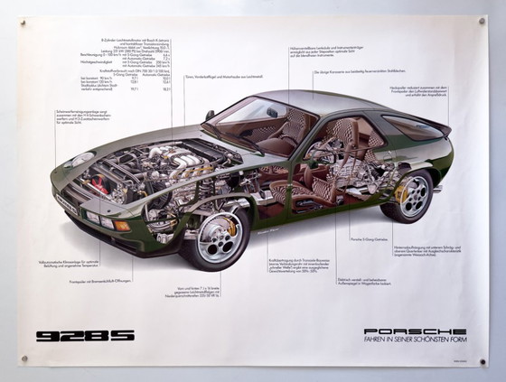 Image 1 of Originele vintage Porsche 928 S doorsnede poster uit begin jaren 80 / plakat - XL 76 × 102 cm