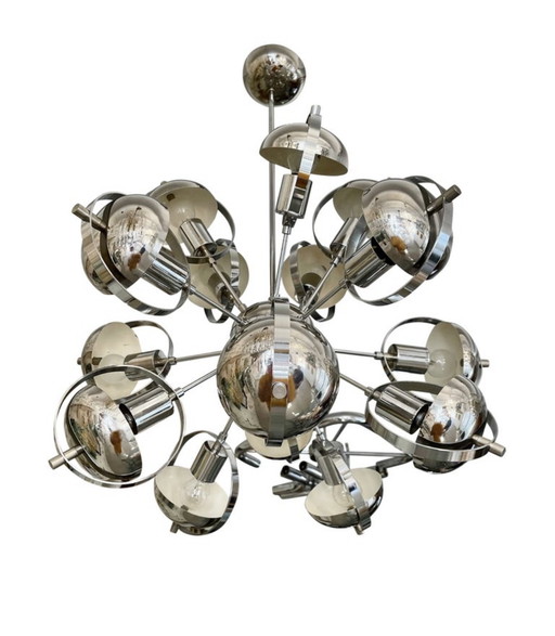 Goffredo Reggiani Orbit Chrome Chandelier With 15 Bulbs , Italie 1960