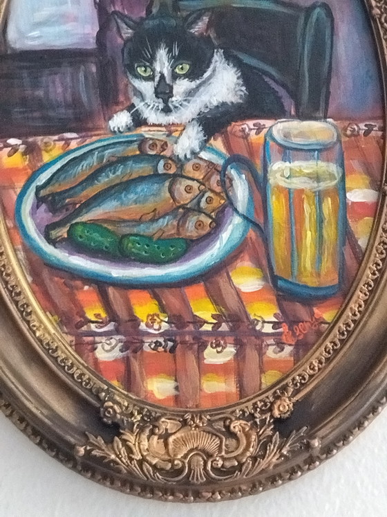 Image 1 of Original painting of the cat Pipette – Handcrafted cold-fired ceramic frame (33x22 cm)